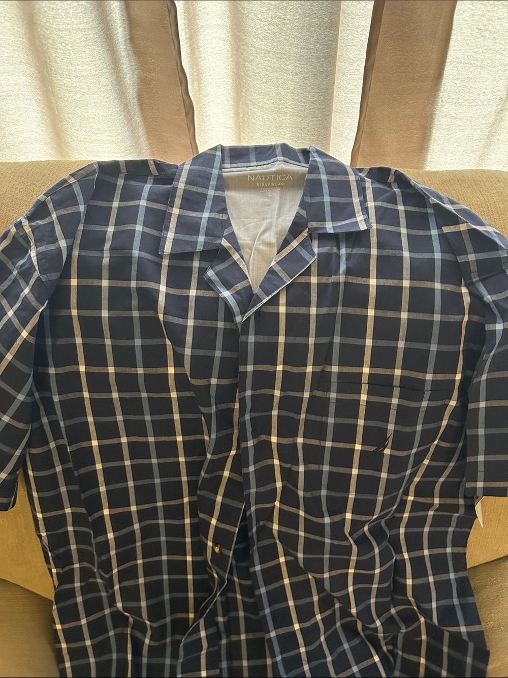 Sleepwear Nautica Navy and White Plaid Short-Sleeve Button-Down Shirt